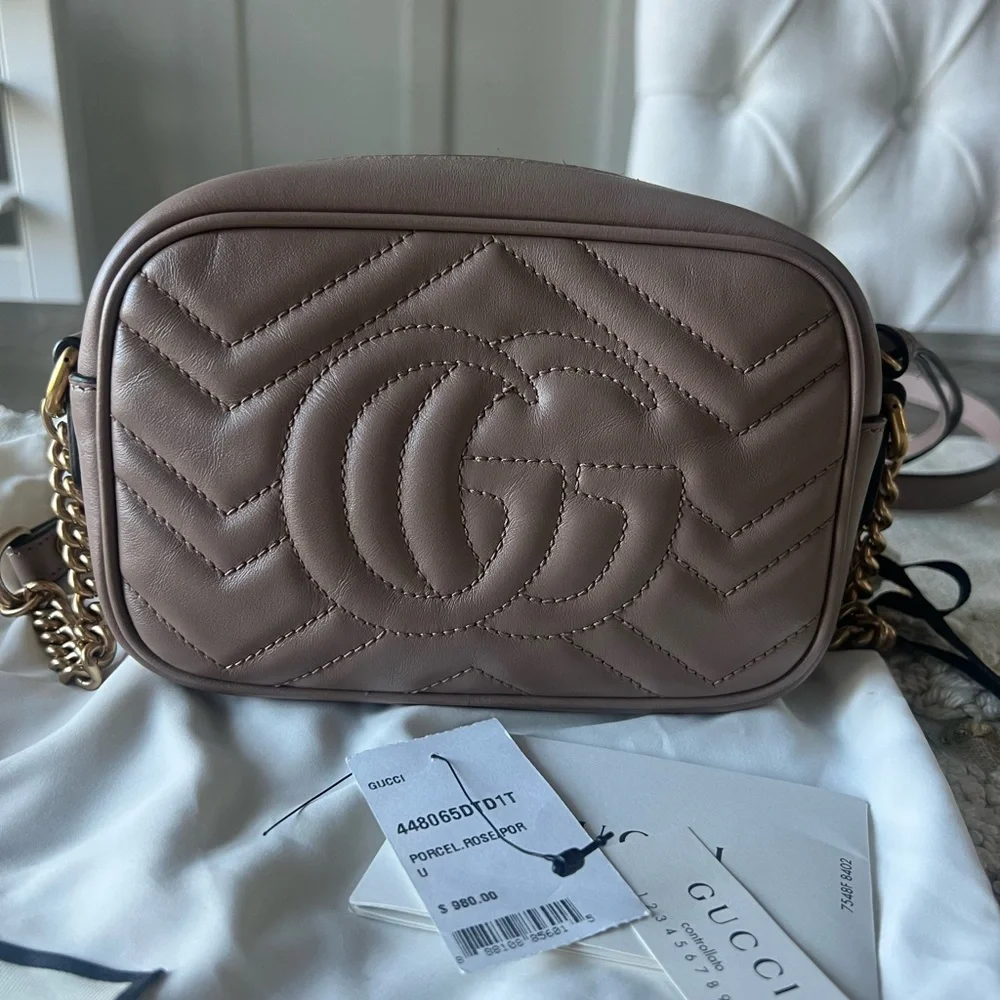 Authentic Calfskin Matelasse Mini GG Marmont Chain Shoulder Bag Porcelain Rose - Picture 11 of 12